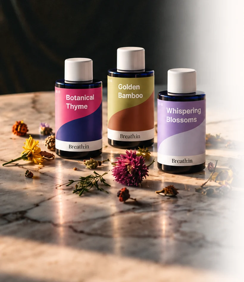 아침 햇살 속 석재 위의 Breath:in 프래그런스 오일 세 병: Botanical Thyme, Golden Bamboo, Whispering Blossoms